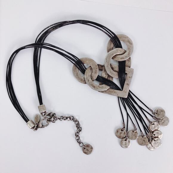 Chunky Chico’s Brutalist Statement Necklace Silver Tone Geometric Coin Tassels - Picture 6 of 14